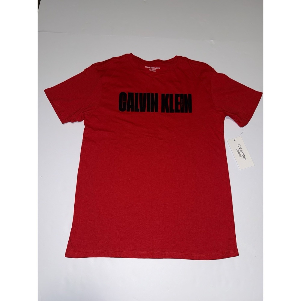 Calvin Klein Jeans Boys Large 14/16 Red Black Preppy T-Shirt Cotton Kids Tee NWT